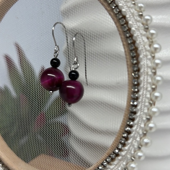 RASPBERRY Wine Tiger Eye Beaded Earrings - Picture 9 of 9